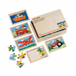 木箱入りパズルのりもの10枚 Educo社　木製玩具　ジクソーパズル