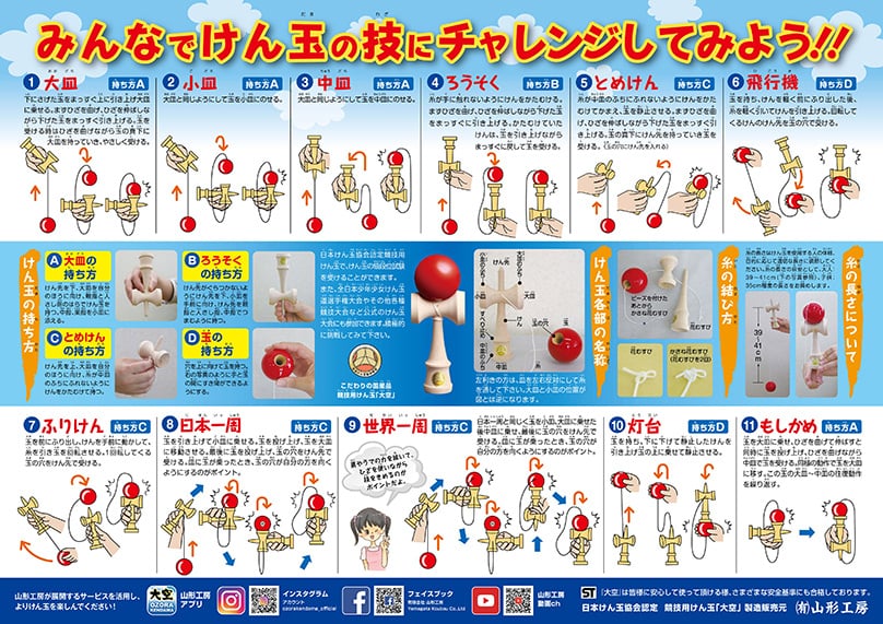 日本けん玉協会認定のけん玉道＜級位＞認定に使用される技11種　山形工房けん玉の取り扱い説明書より